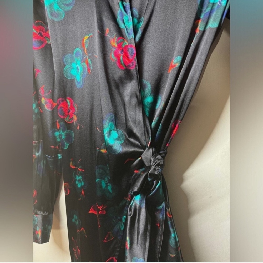 GANNI Black Silk Blend Red Blue Floral Long Puff Sleeves Wrap Mini Dress Size 42 - Picture 7 of 16
